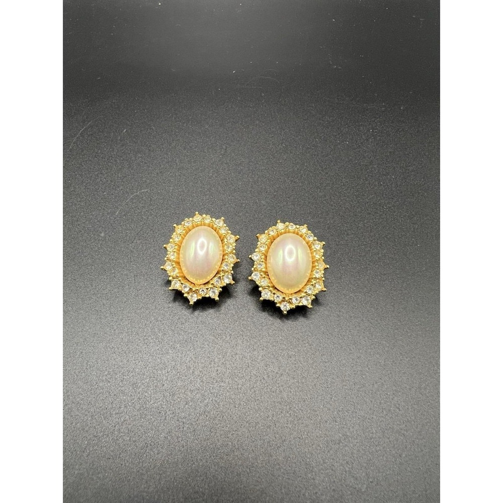 Vintage Christian Dior Clip-On Earrings Faux Pearl Rhinestone Gold Tone Signed